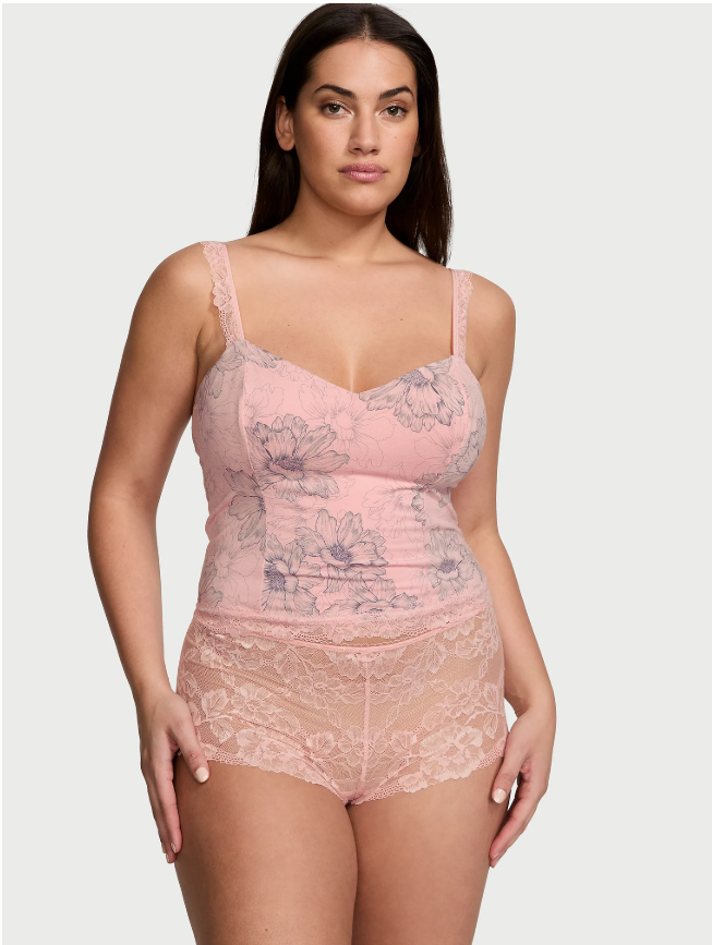 Conjunto con top corto de tirantes finos con encaje y modal XS